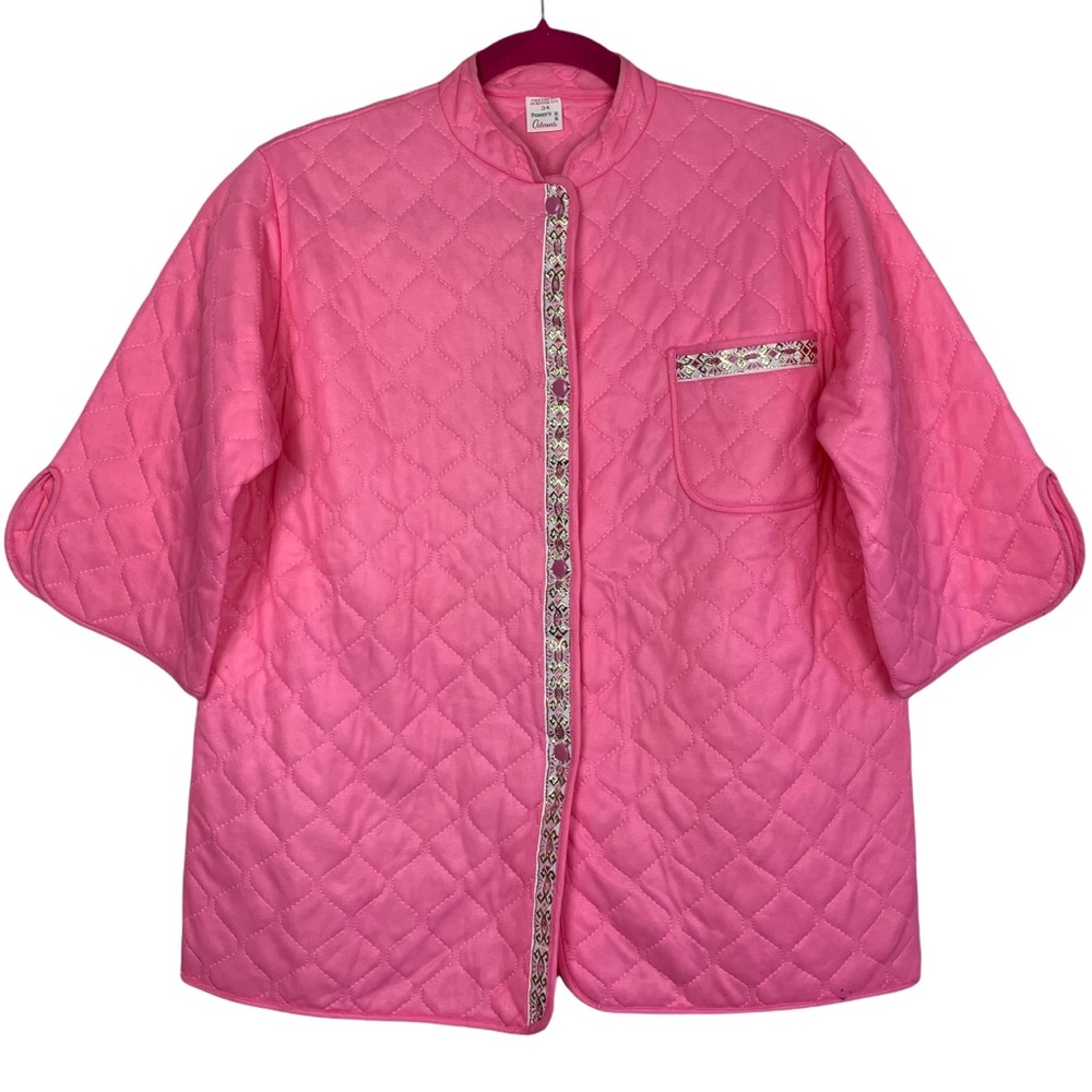 Vintage 50s Penneys Adonna Quilted Jacquard Bright Pink Gold Metallic Pajama Top